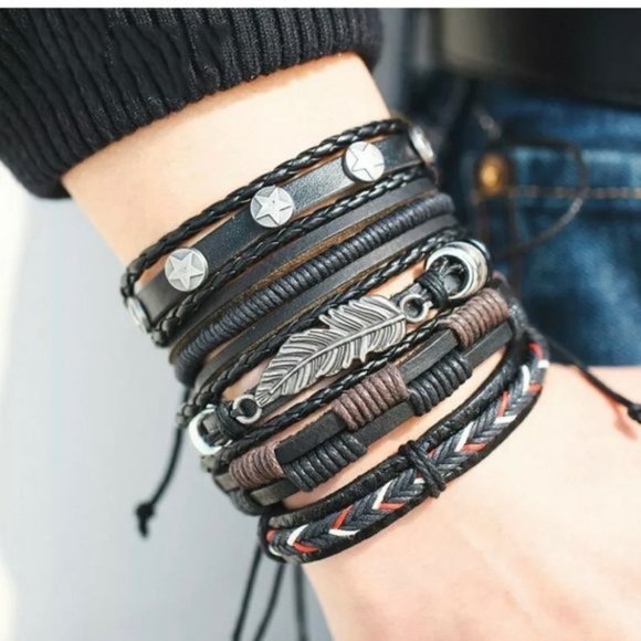 Men's Black & Red Genuine Leather Bracelet Set - Picture 1 of 2